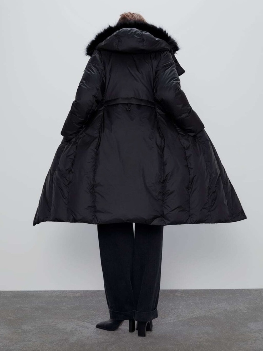 Zara Long Black Puffer Coat Faux Fur Trim Hood XS - Picture 2 of 16
